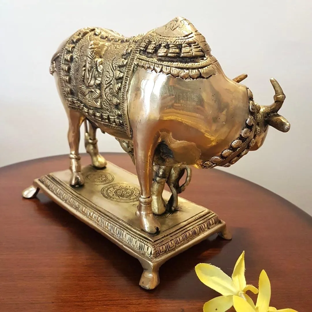 10 Inches Kamdhenu Cow and Calf Set - Handmade Brass Statue -  Decorative Figurine