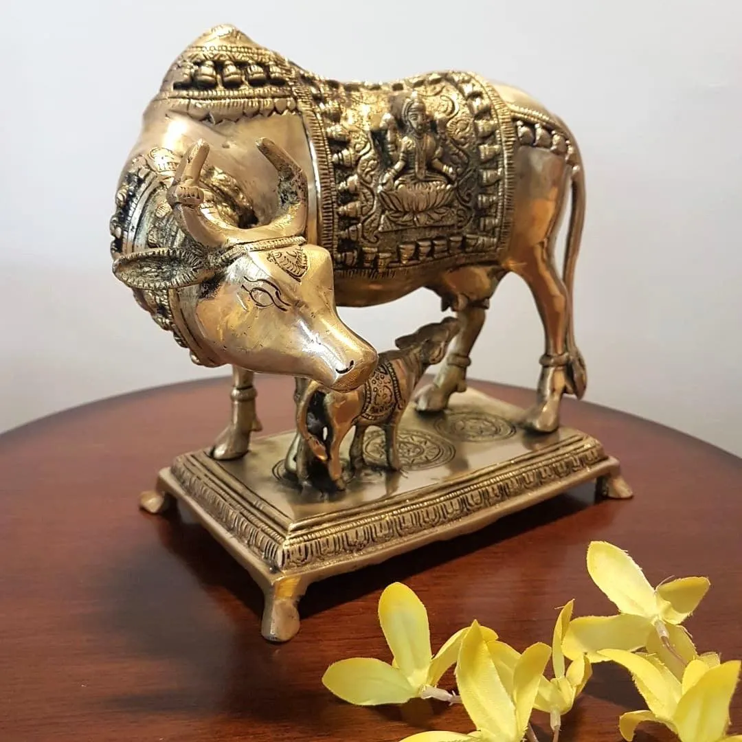 10 Inches Kamdhenu Cow and Calf Set - Handmade Brass Statue -  Decorative Figurine