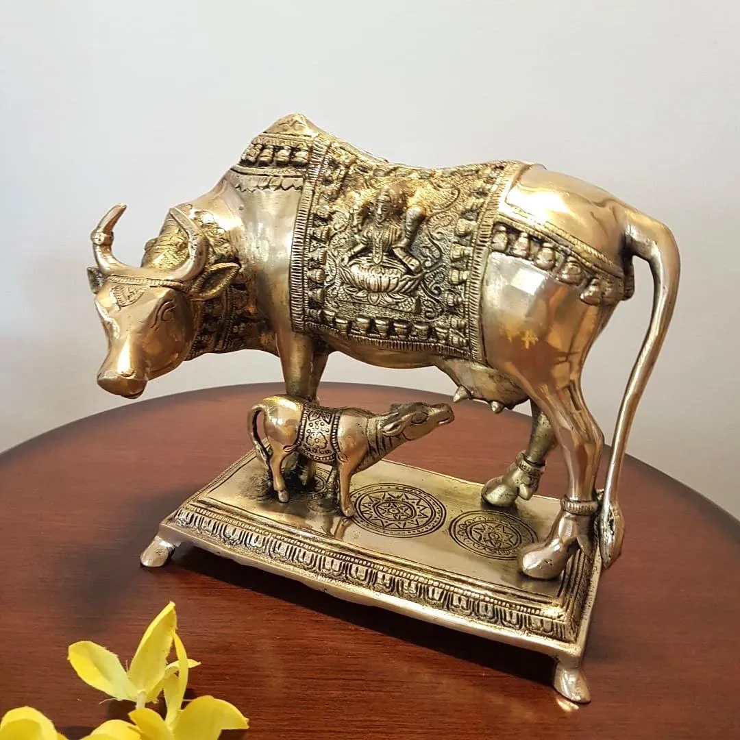 10 Inches Kamdhenu Cow and Calf Set - Handmade Brass Statue -  Decorative Figurine