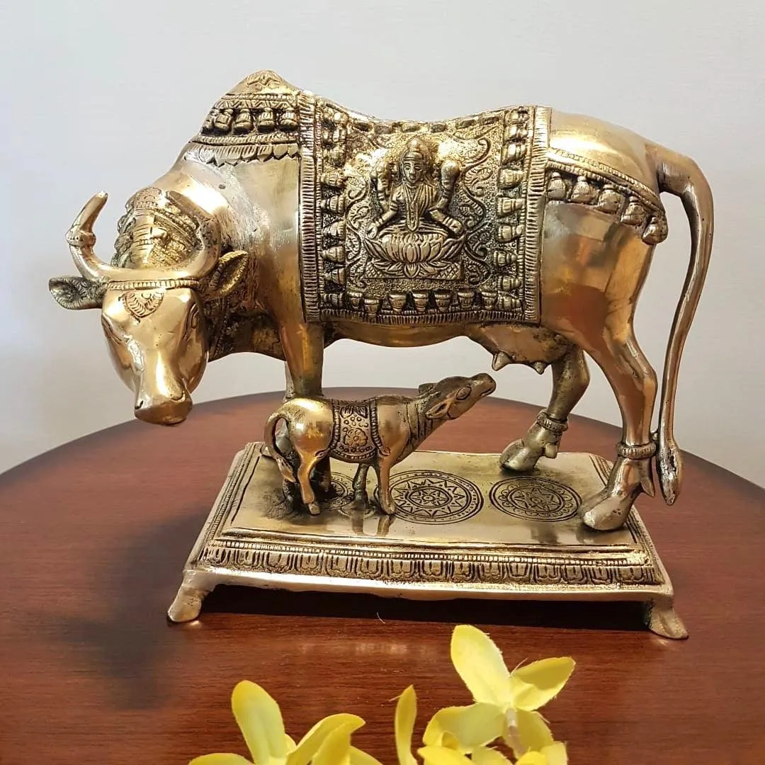 10 Inches Kamdhenu Cow and Calf Set - Handmade Brass Statue -  Decorative Figurine