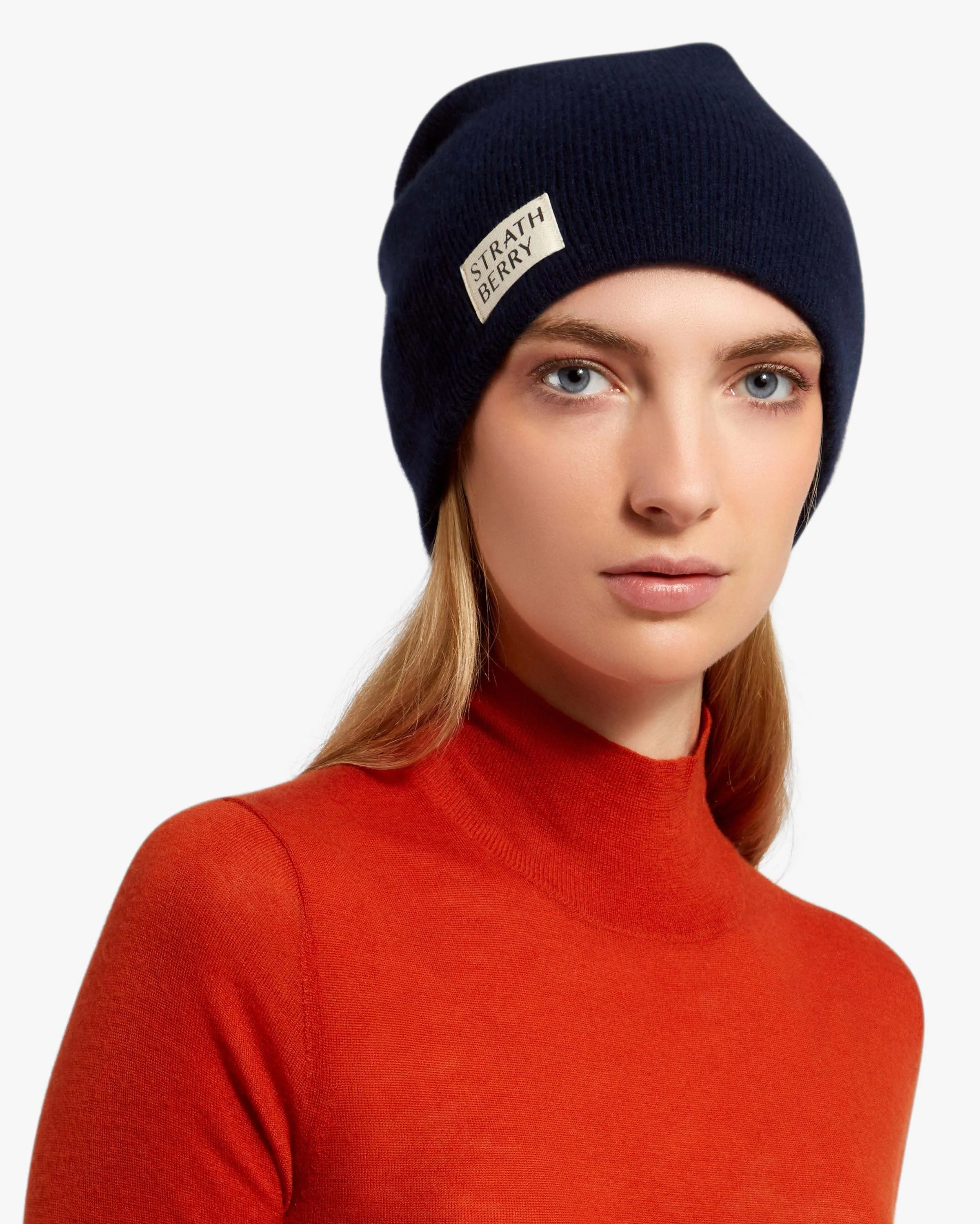 100% Cashmere Ribbed Beanie - Navy