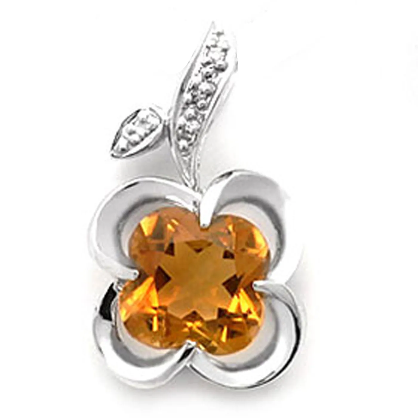 18k White Gold Clover Shape Citrine and Diamond Pendant