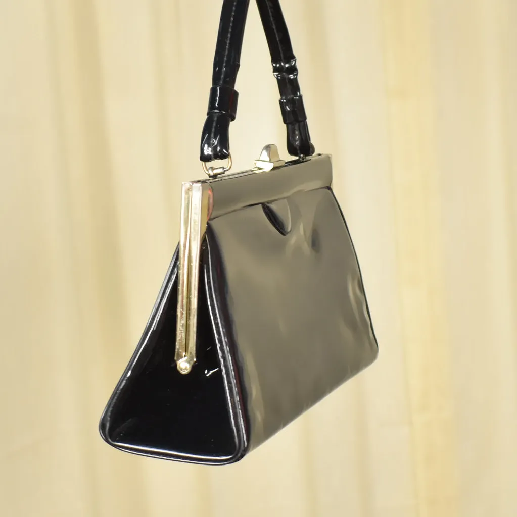 1950s Long Black Patent Vintage Handbag