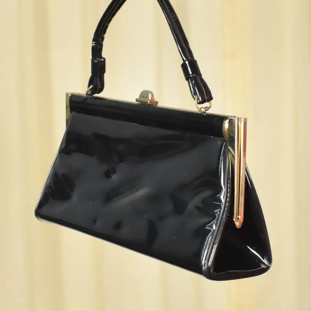 1950s Long Black Patent Vintage Handbag