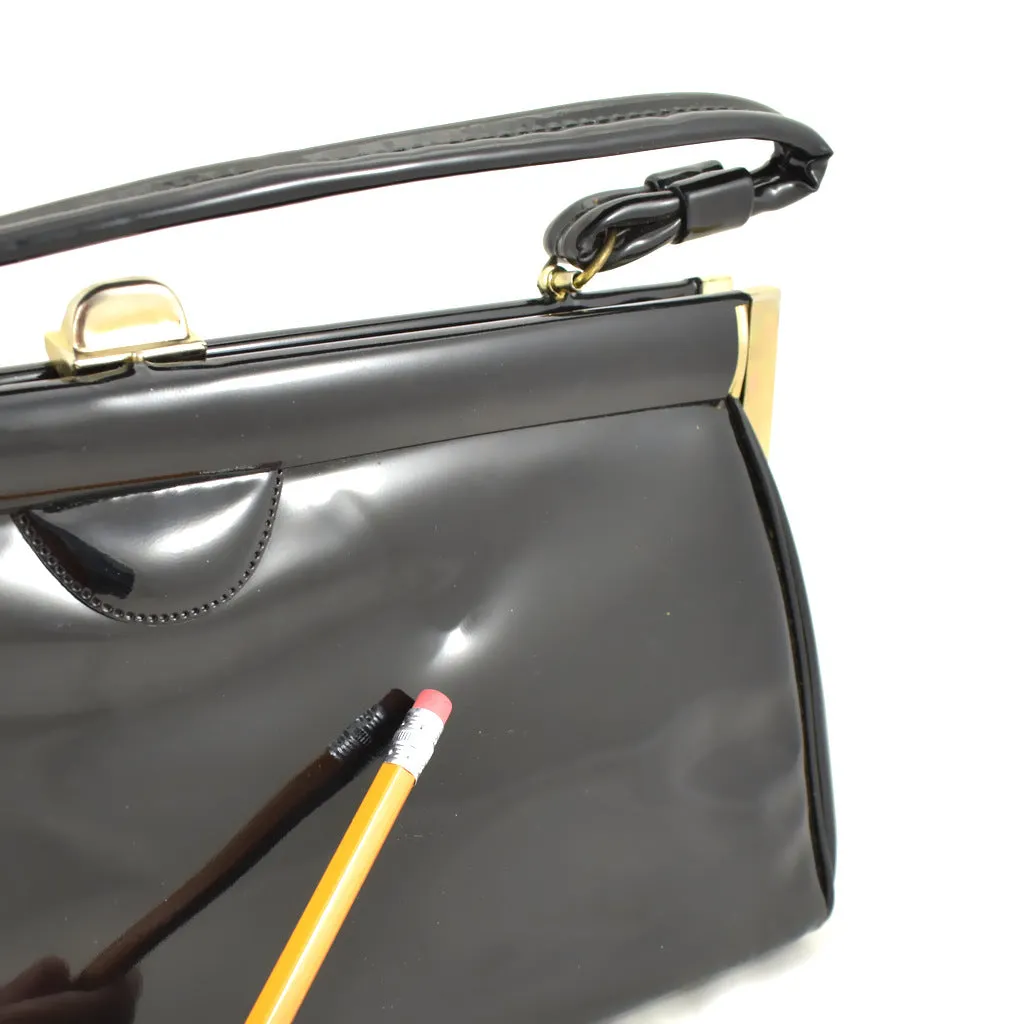 1950s Long Black Patent Vintage Handbag