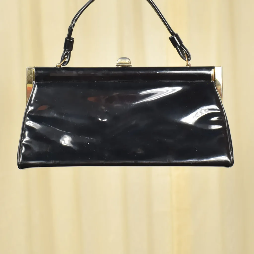 1950s Long Black Patent Vintage Handbag