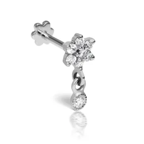 4.5mm Diamond Flower and Dangle Threaded Stud Earring by Maria Tash in 14K White Gold. Flat Stud.