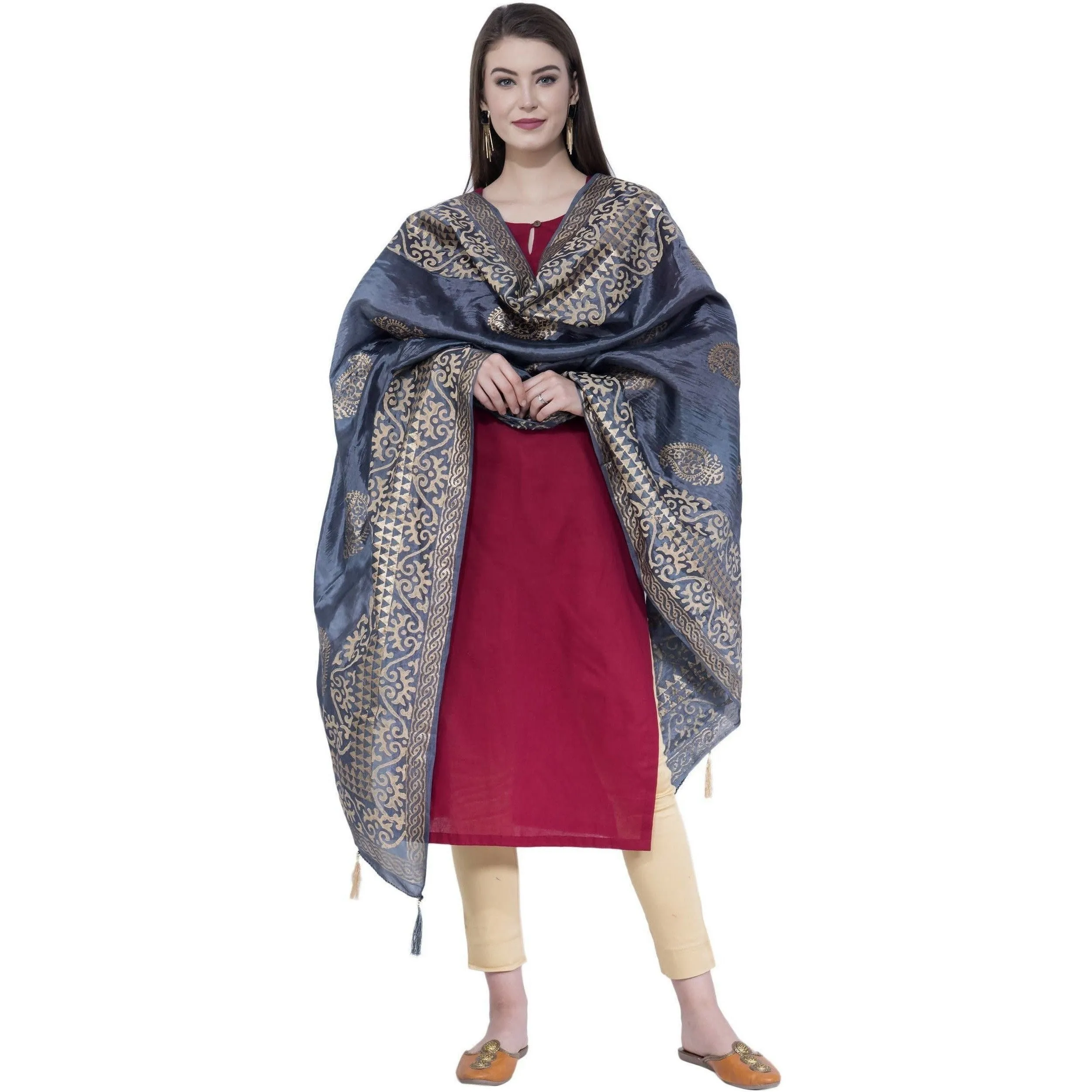 A R Silk Dark Gray Color Silk Pahadi Print Dupattas and Chunnis