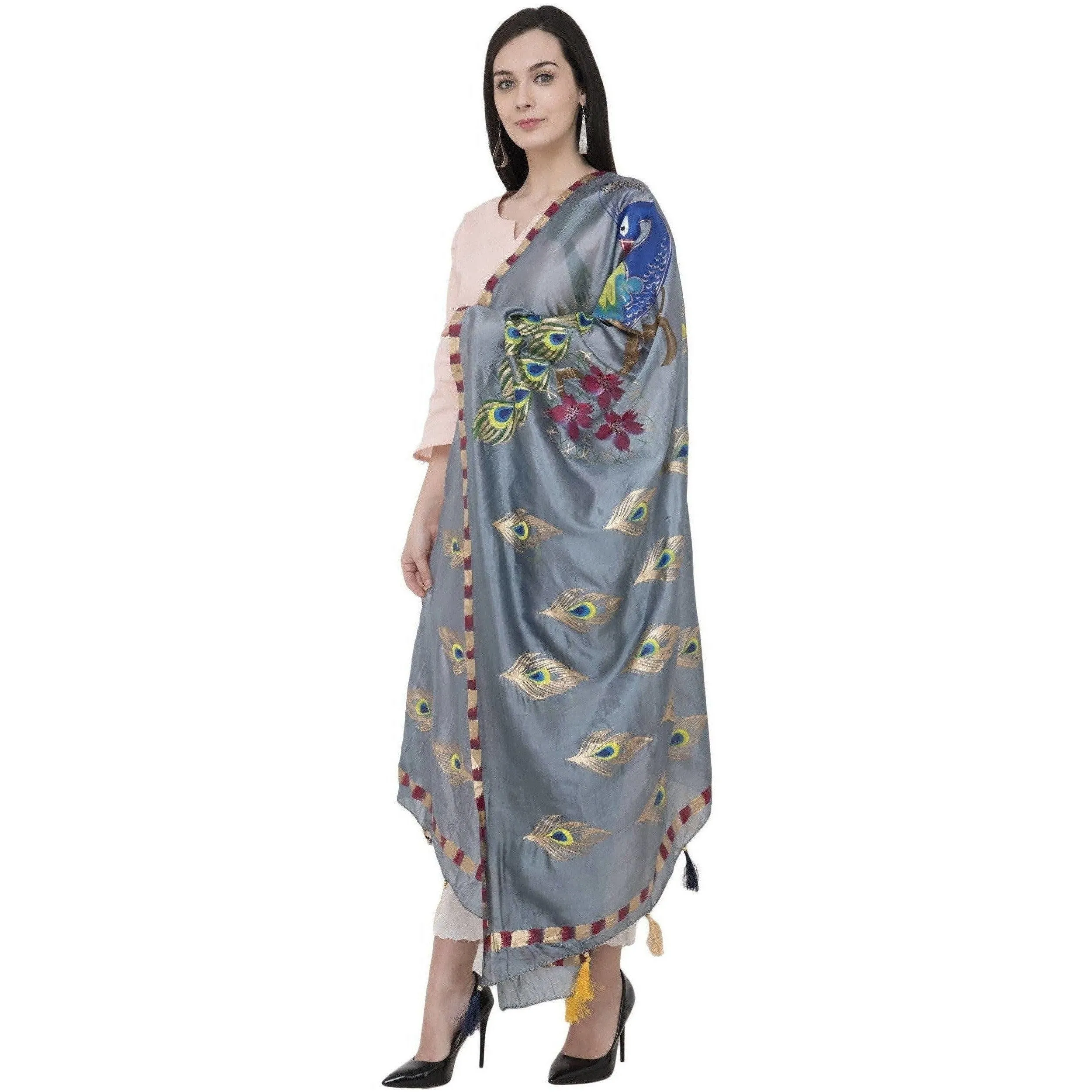 A R Silk Silk Peacock Multi Fancy Dupatta Color Gray Dupatta or Chunni