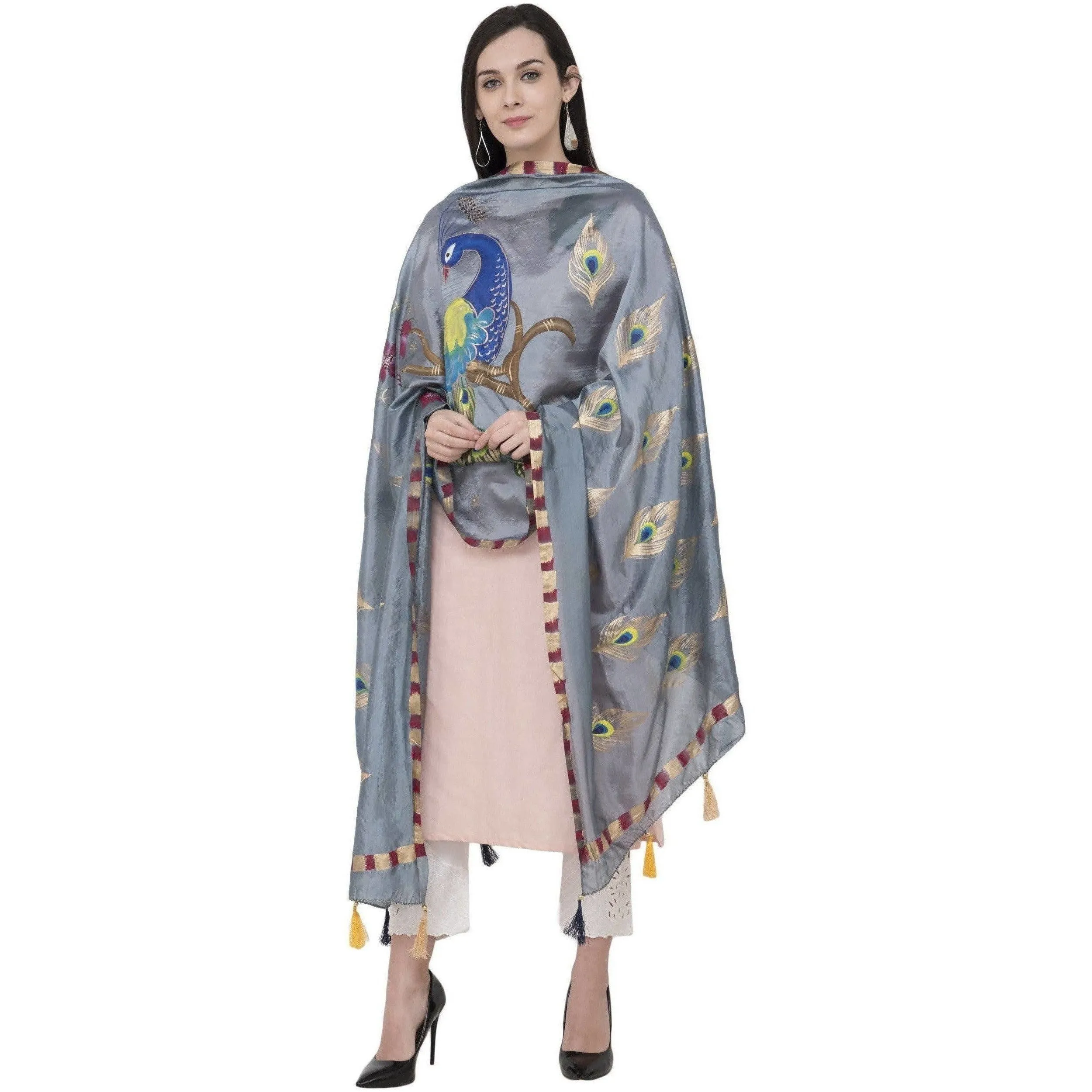 A R Silk Silk Peacock Multi Fancy Dupatta Color Gray Dupatta or Chunni