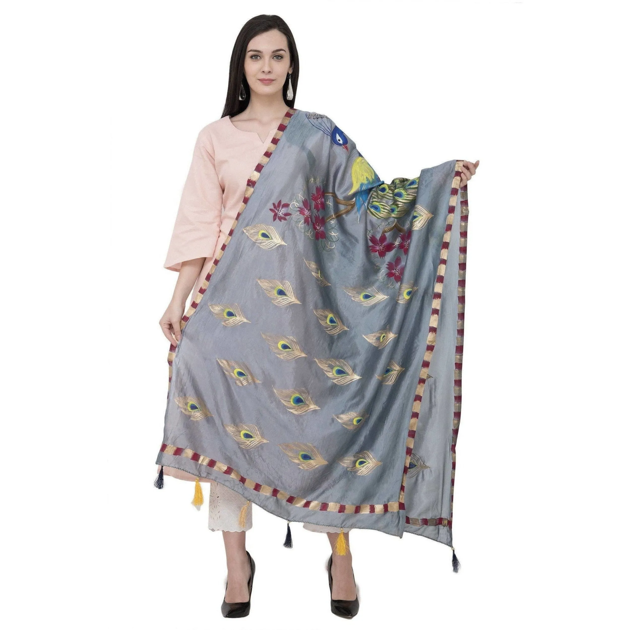 A R Silk Silk Peacock Multi Fancy Dupatta Color Gray Dupatta or Chunni