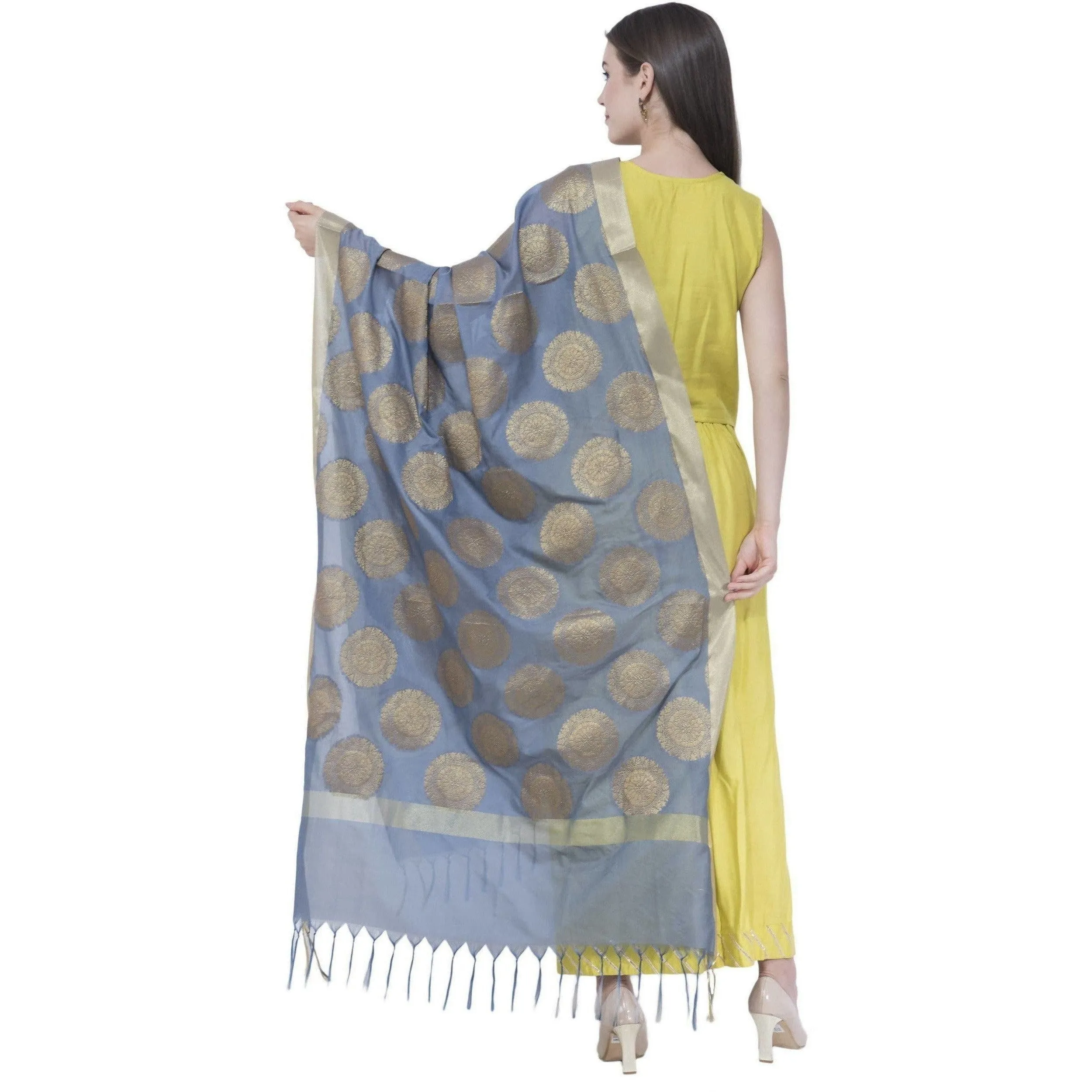 A R Silk Women's Zari Embroidery Vanarsi Silk Gray Dupattas and Chunnis