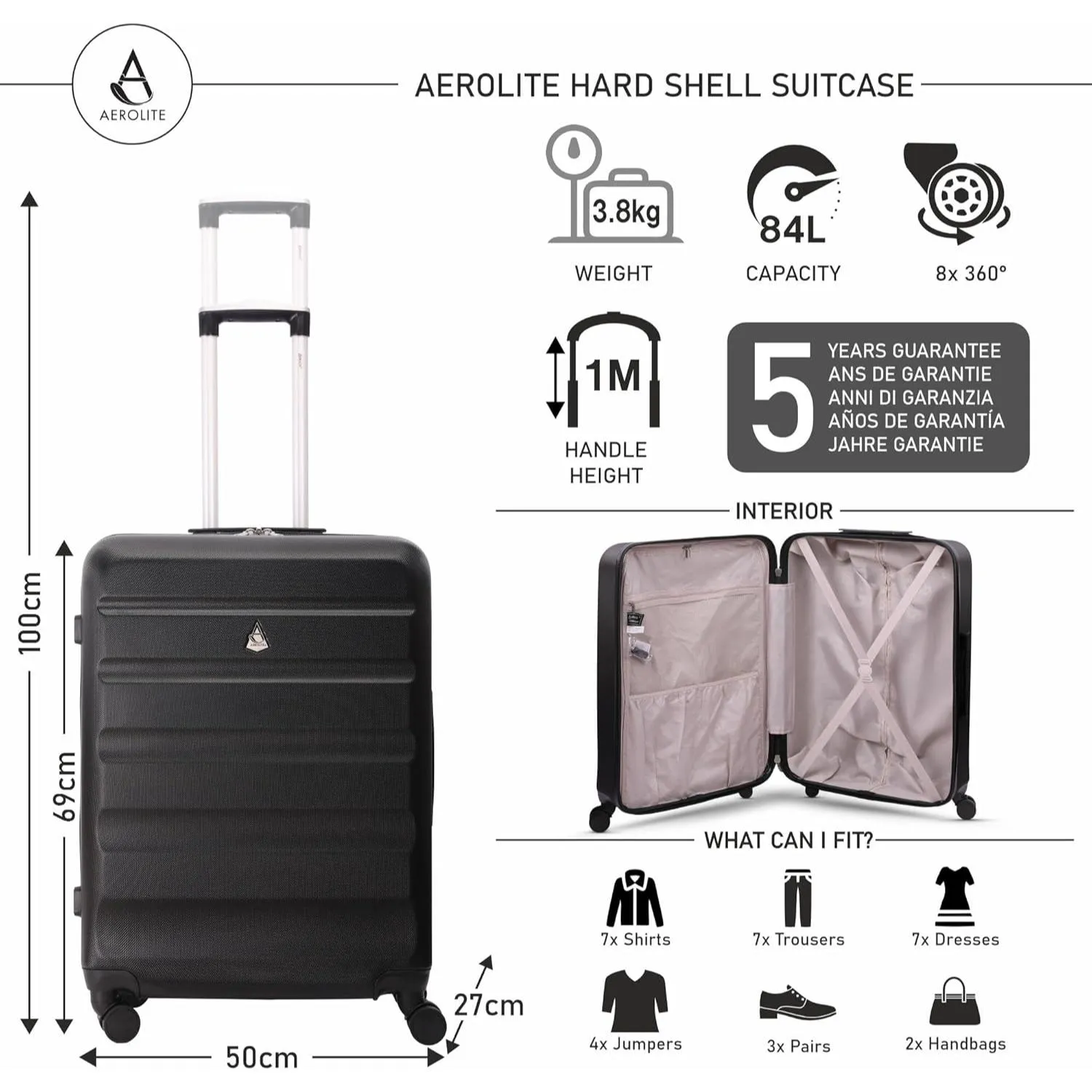 Aerolite 25" (69x50x27cm) Medium Lightweight Hard Shell Checked In Hold Luggage Suitcase with 8 Wheels, 82L Capacity