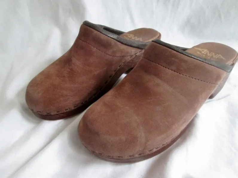 ANNA USA Suede Leather Clogs Shoes Slip-On Mules BROWN 5 Womens Girls