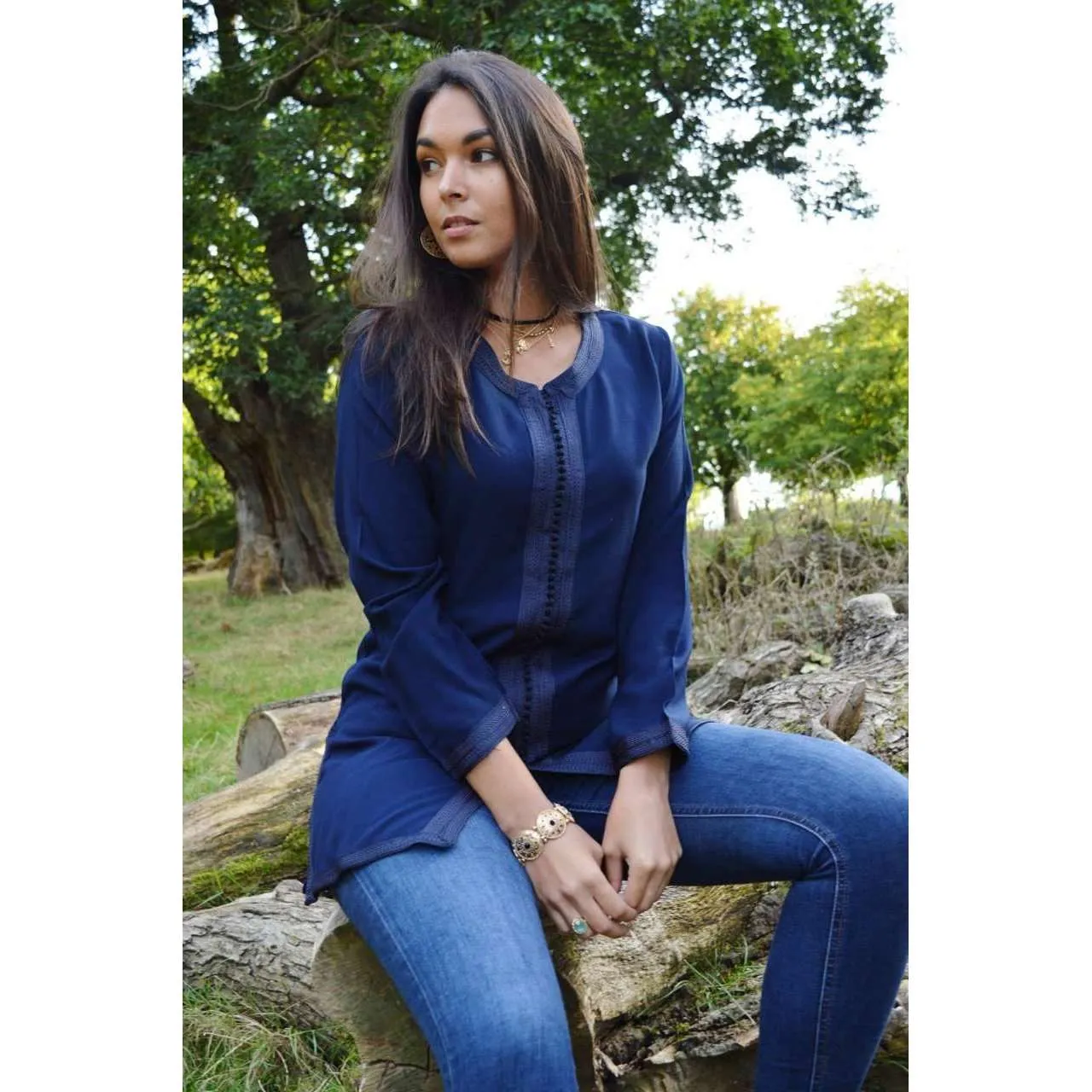 Autumn New Navy Blue Magrib Moroccan Embroidery Shirt Tunic