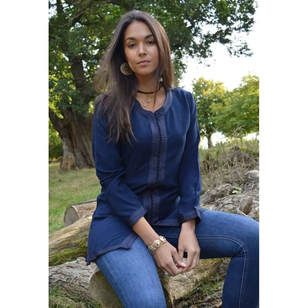 Autumn New Navy Blue Magrib Moroccan Embroidery Shirt Tunic