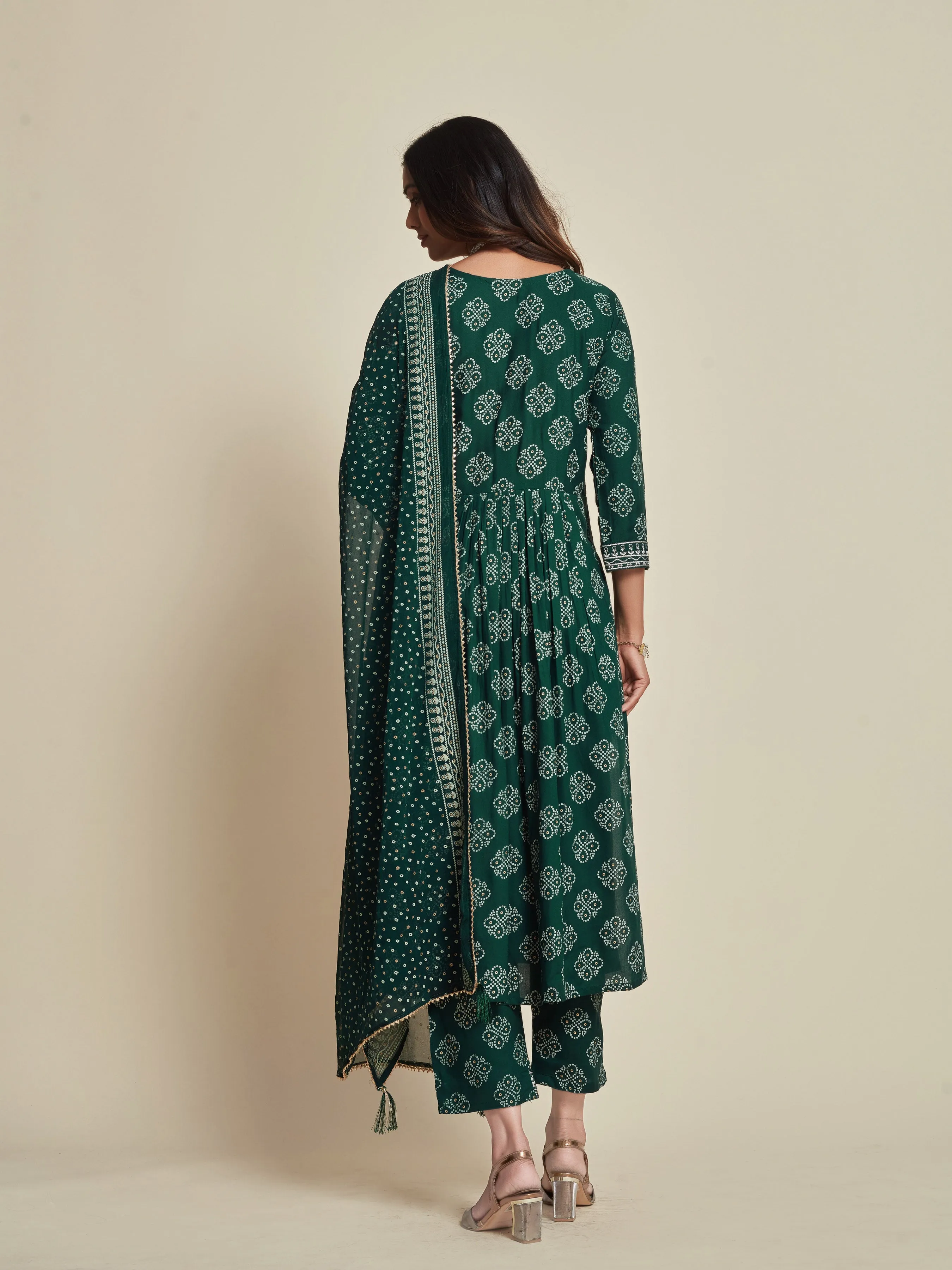 Bandhani Printed Empire Thread Work Kurta with Trousers & Dupatta