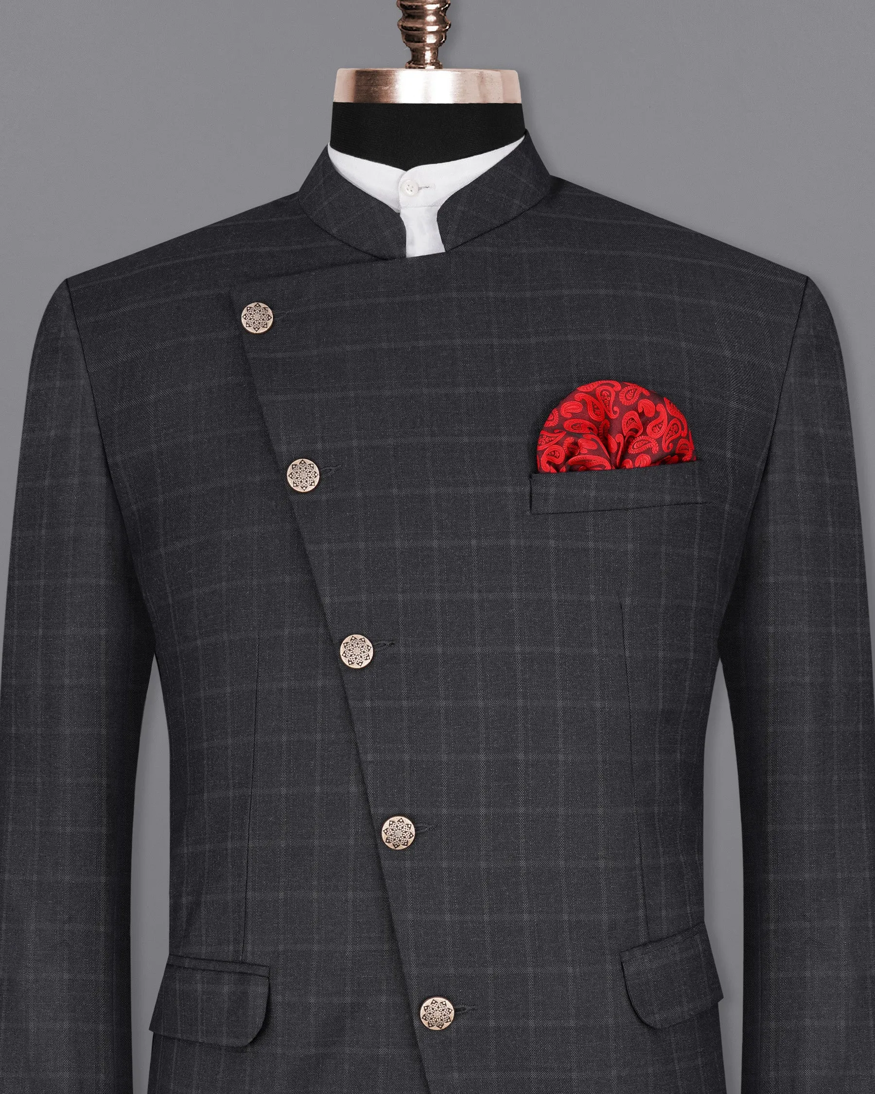 Bastille Light Black Windowpane Cross Placket Bandhgala Blazer