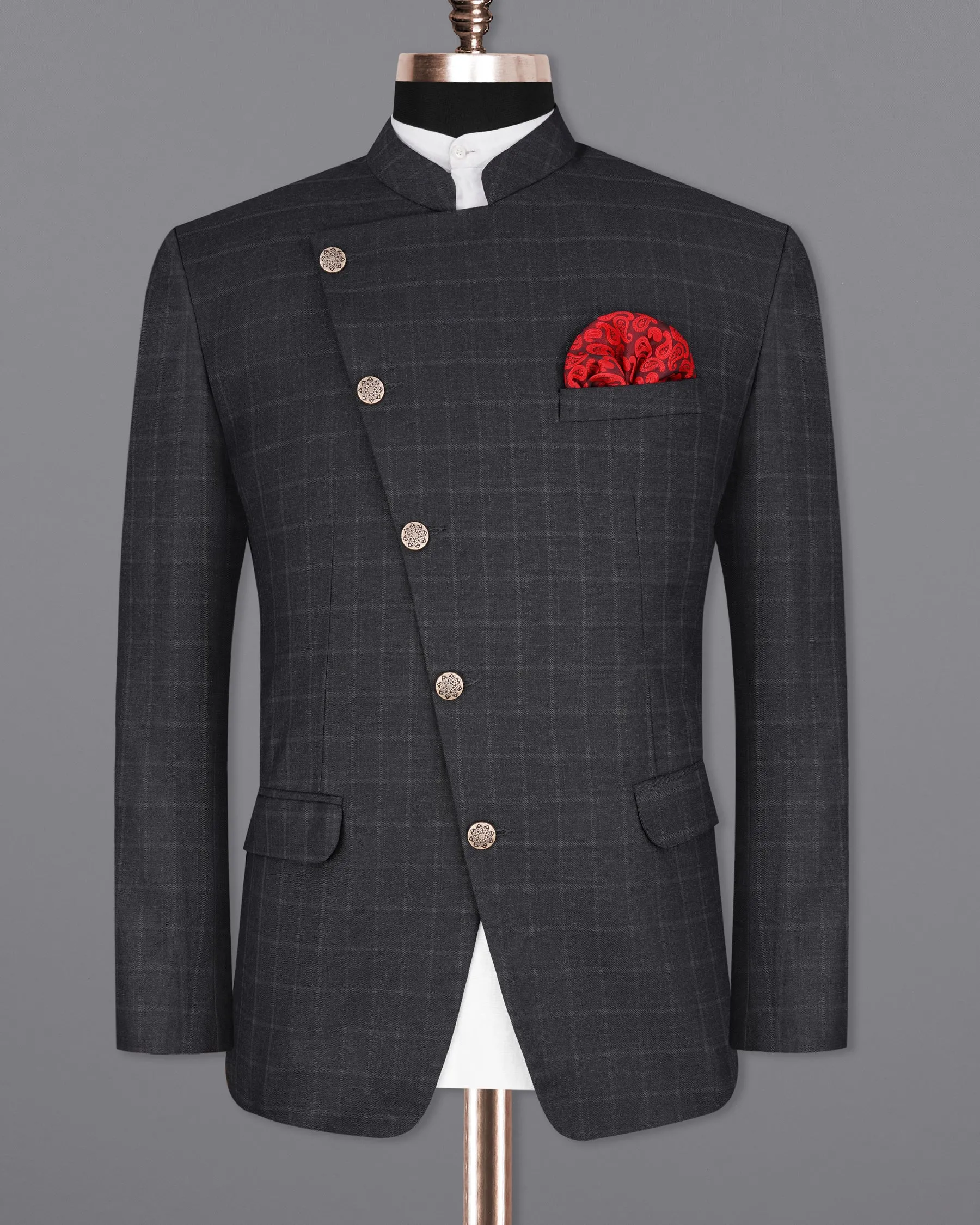 Bastille Light Black Windowpane Cross Placket Bandhgala Blazer