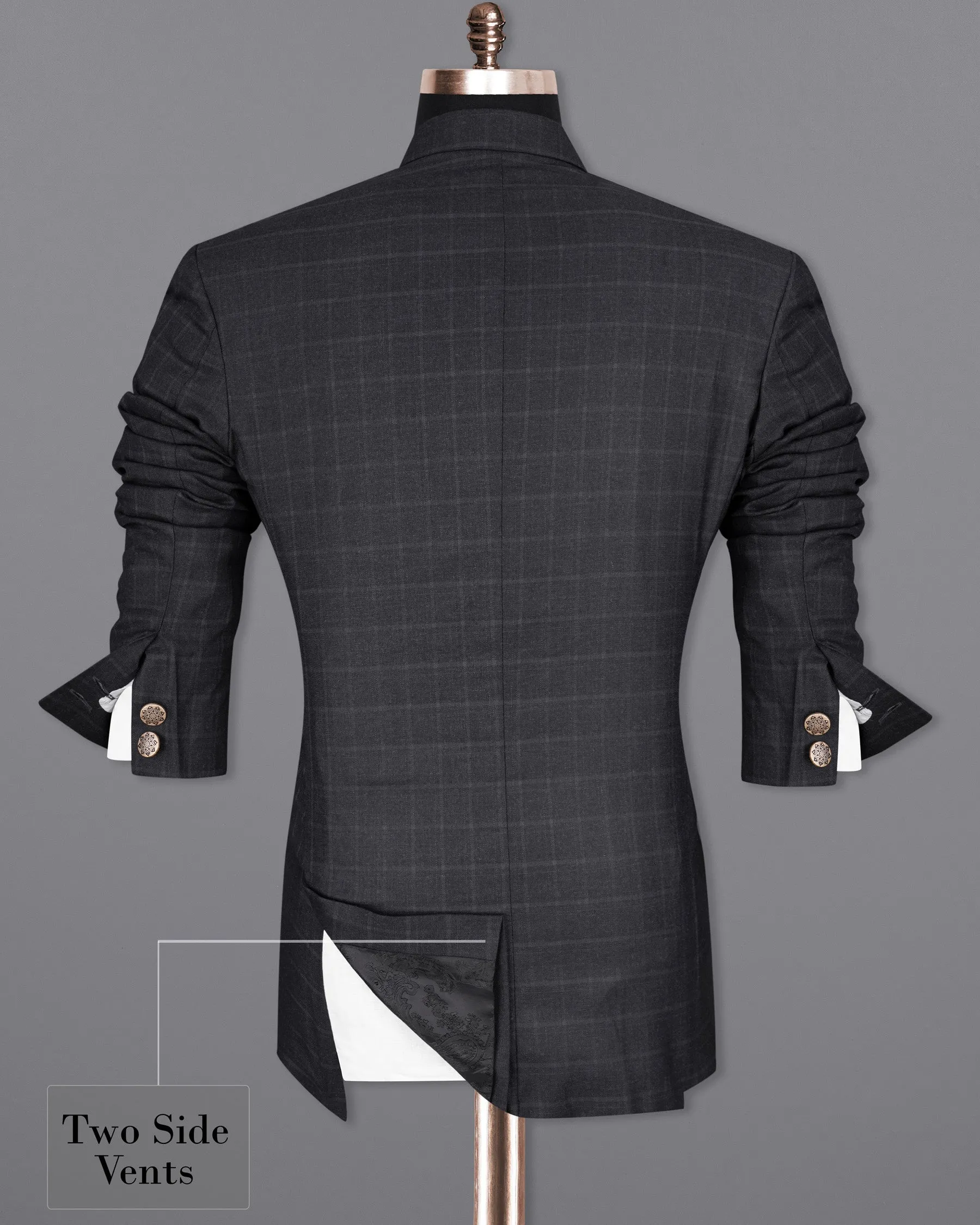 Bastille Light Black Windowpane Cross Placket Bandhgala Blazer