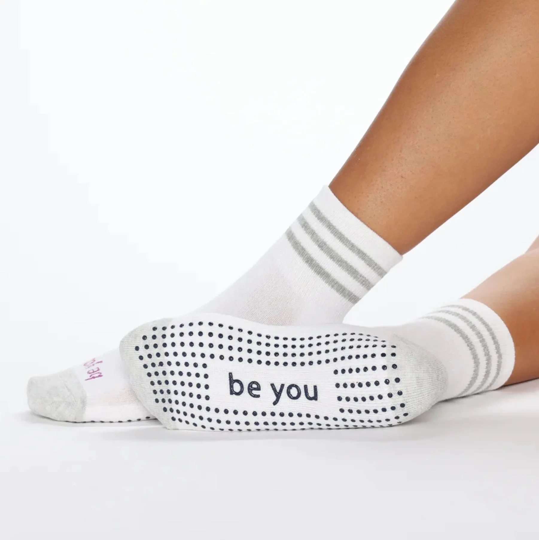 Be You - White Heather Short Crew Grip Socks (Barre / Pilates)