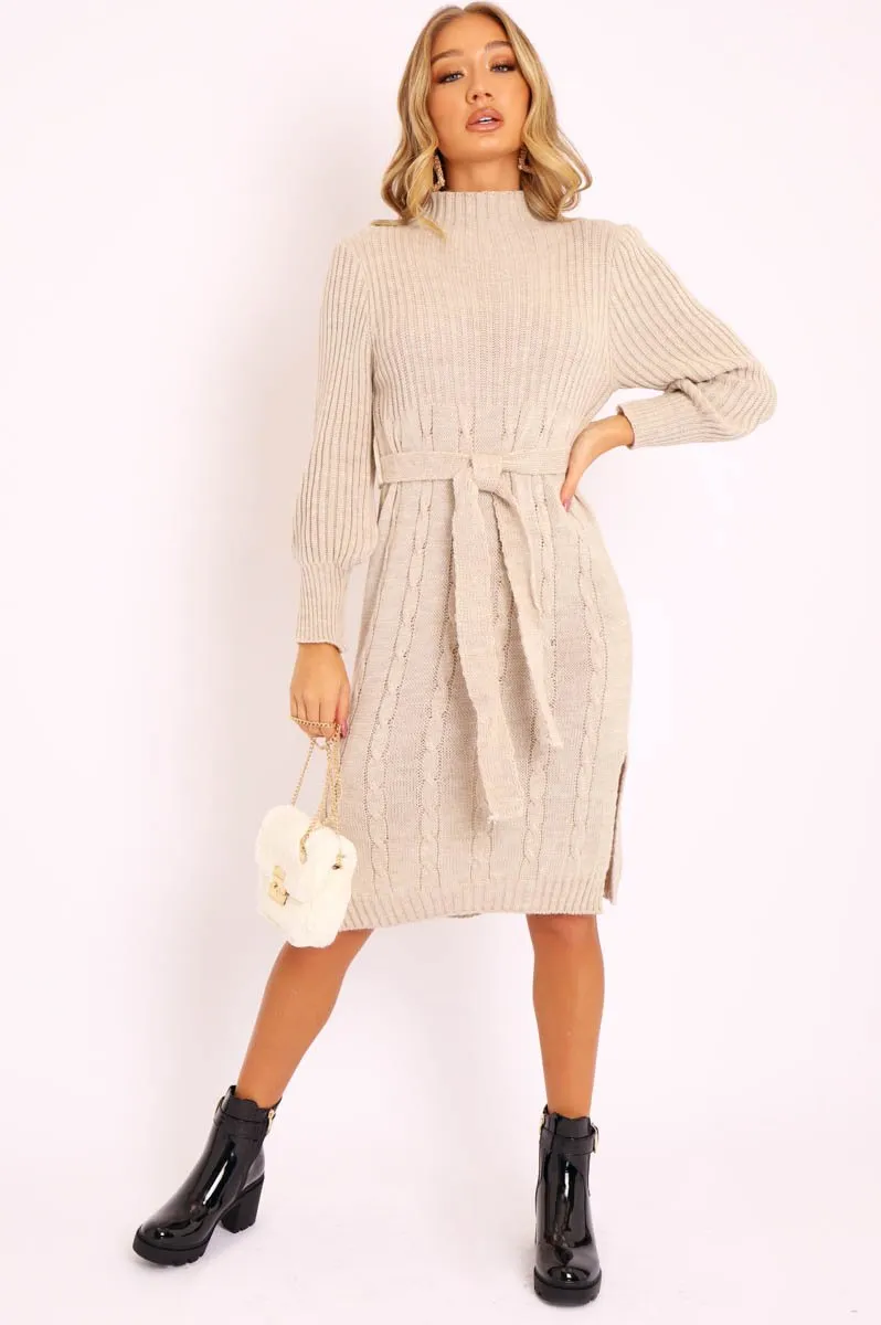 Beige Tie Waist High Neck Midi Jumper Dress - Ennie