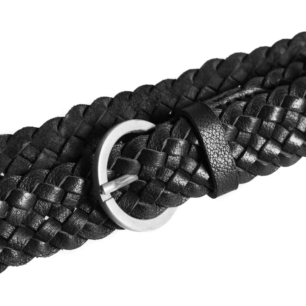 Braided narrow belt in soft leather / 15242 - Black (Nero)