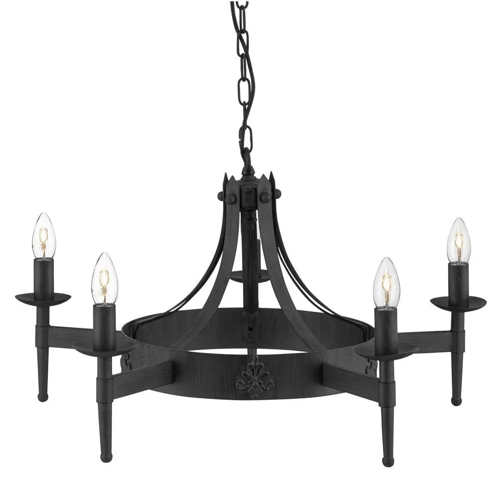 Cartwheel II 5 Light Black Wrought Iron Chandelier