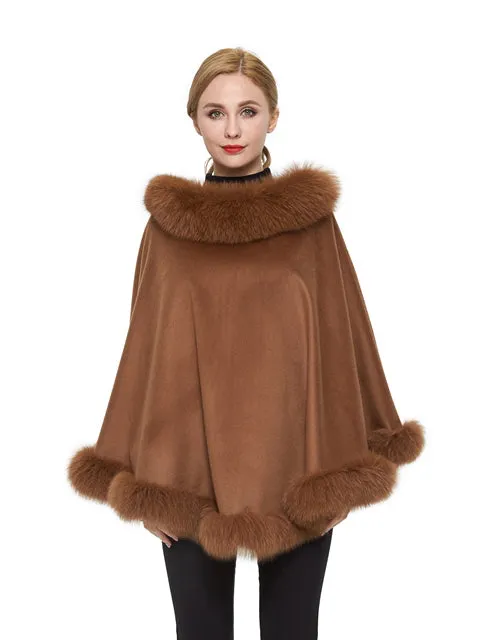 Cashmere poncho with fox trim