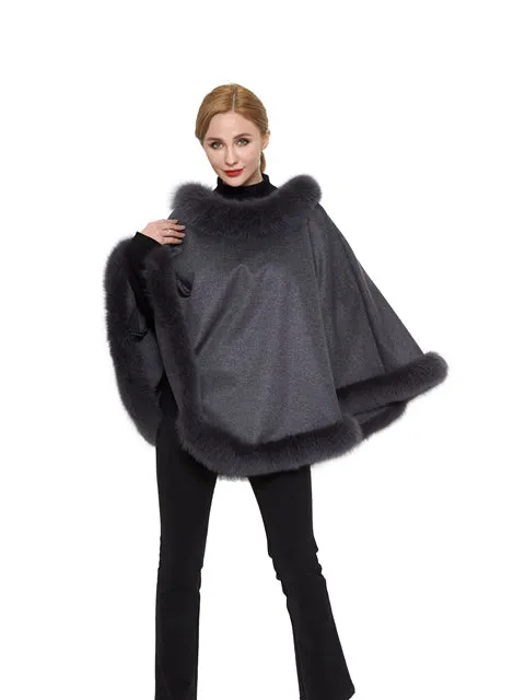 Cashmere poncho with fox trim