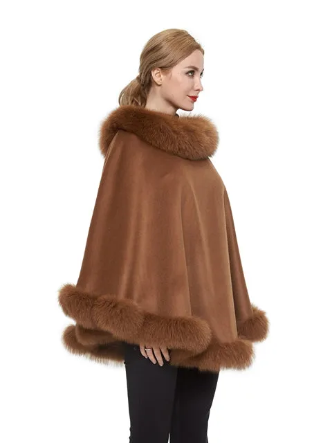 Cashmere poncho with fox trim