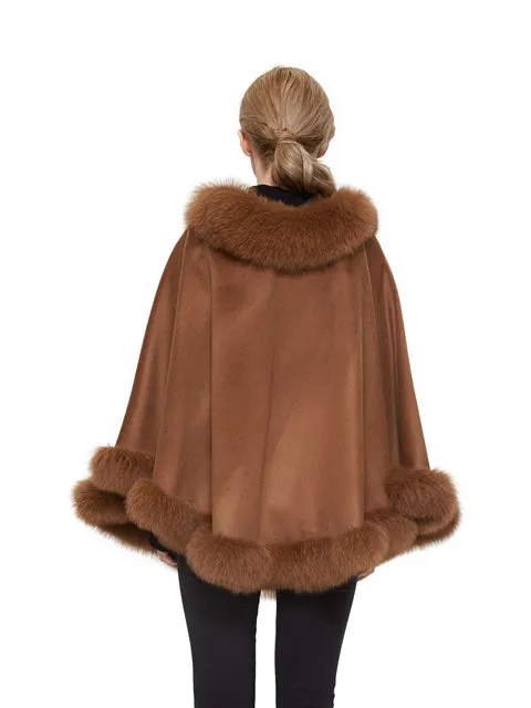 Cashmere poncho with fox trim