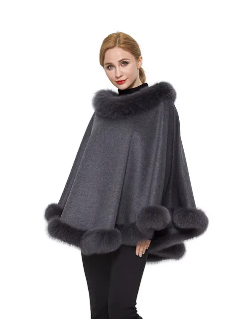 Cashmere poncho with fox trim