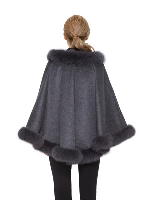 Cashmere poncho with fox trim