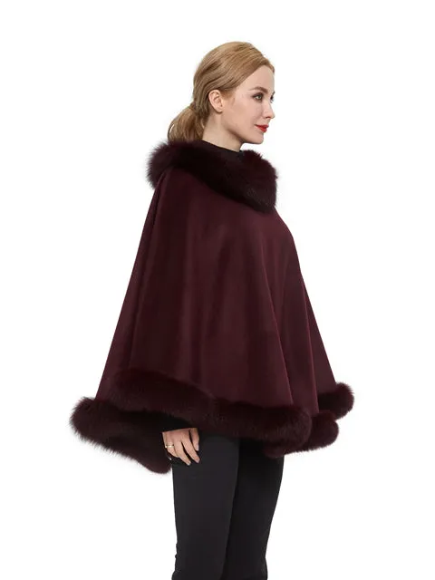 Cashmere poncho with fox trim