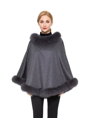 Cashmere poncho with fox trim