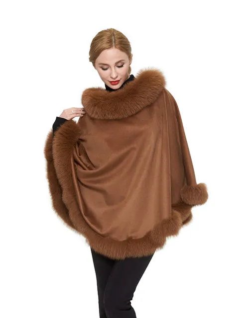 Cashmere poncho with fox trim