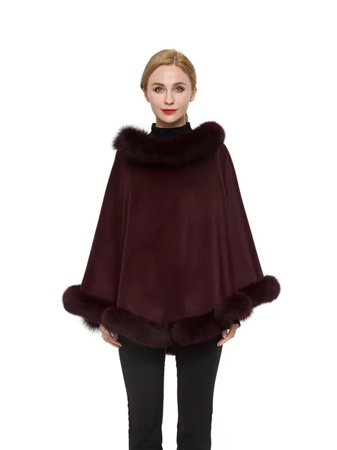 Cashmere poncho with fox trim