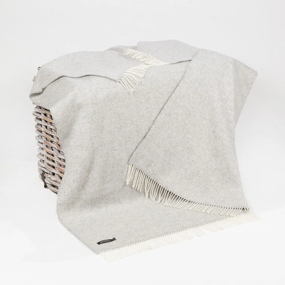 Cashmere Throw Pale Grey & Cream Herringbone