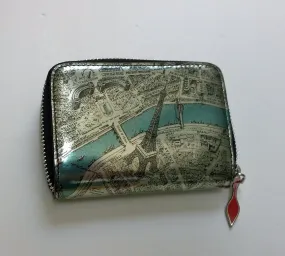 Christian Louboutin Panettone Compact Wallet/Coin Purse/Card Case with Etain Map Design in Specchio Paln de Paris - Silver Edition