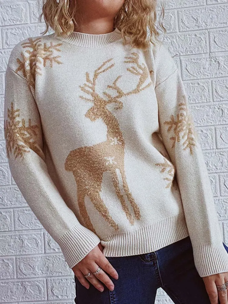 Christmas Deer Print Long Sleeve Knitted Sweater