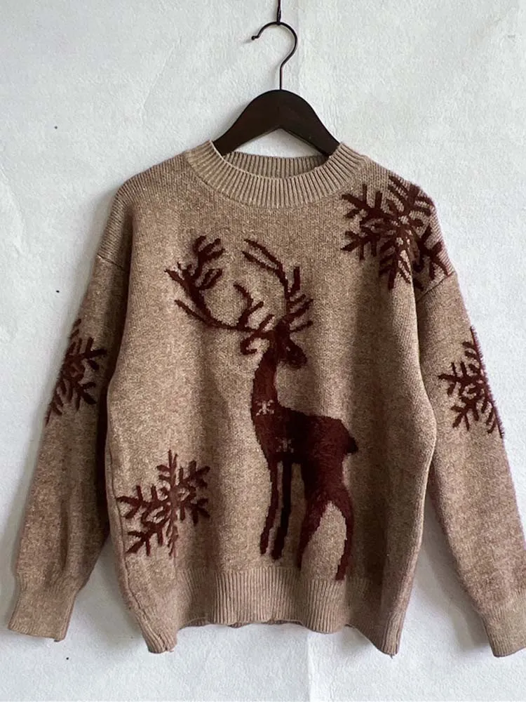 Christmas Deer Print Long Sleeve Knitted Sweater