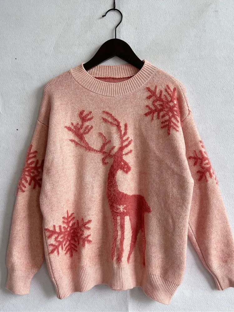 Christmas Deer Print Long Sleeve Knitted Sweater