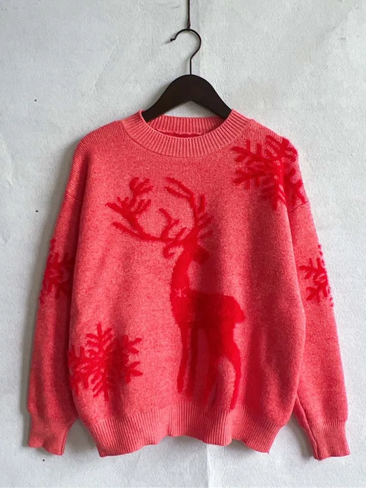 Christmas Deer Print Long Sleeve Knitted Sweater