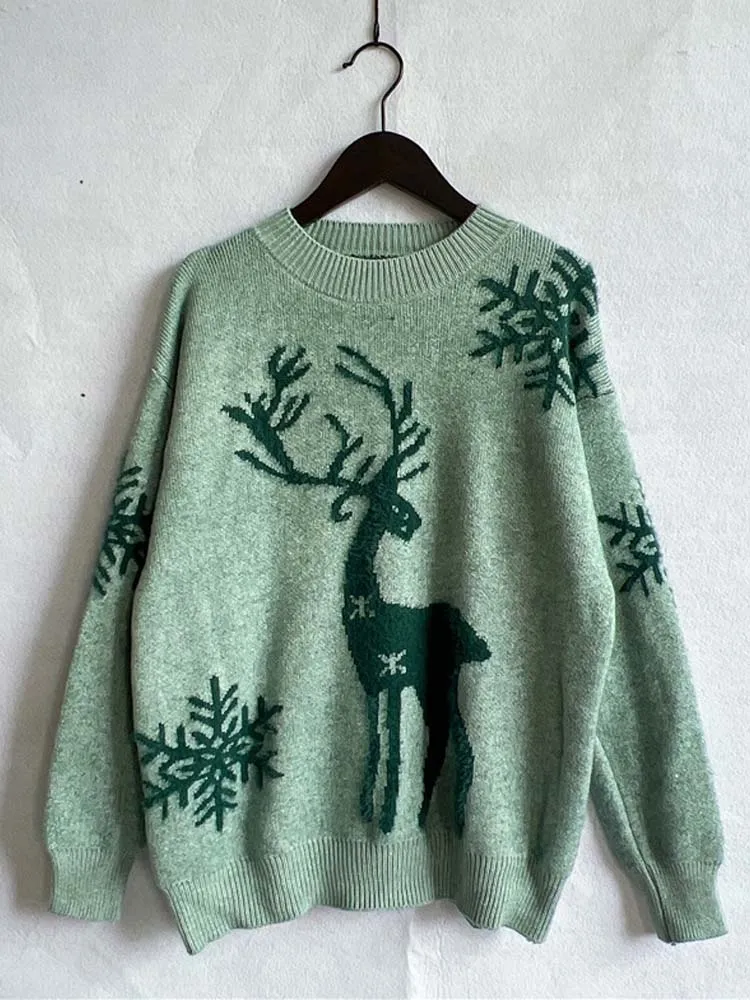 Christmas Deer Print Long Sleeve Knitted Sweater