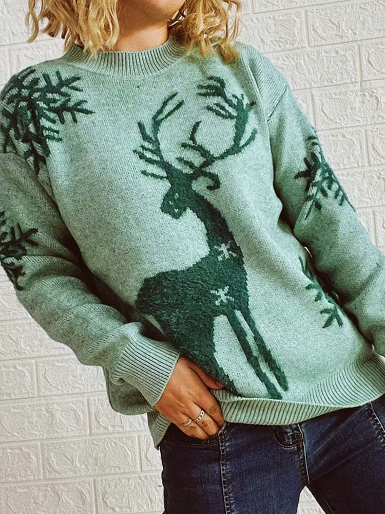 Christmas Deer Print Long Sleeve Knitted Sweater