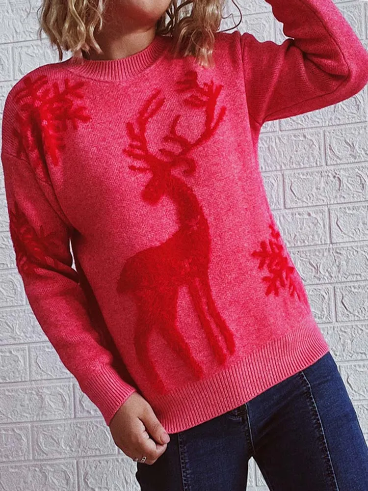 Christmas Deer Print Long Sleeve Knitted Sweater