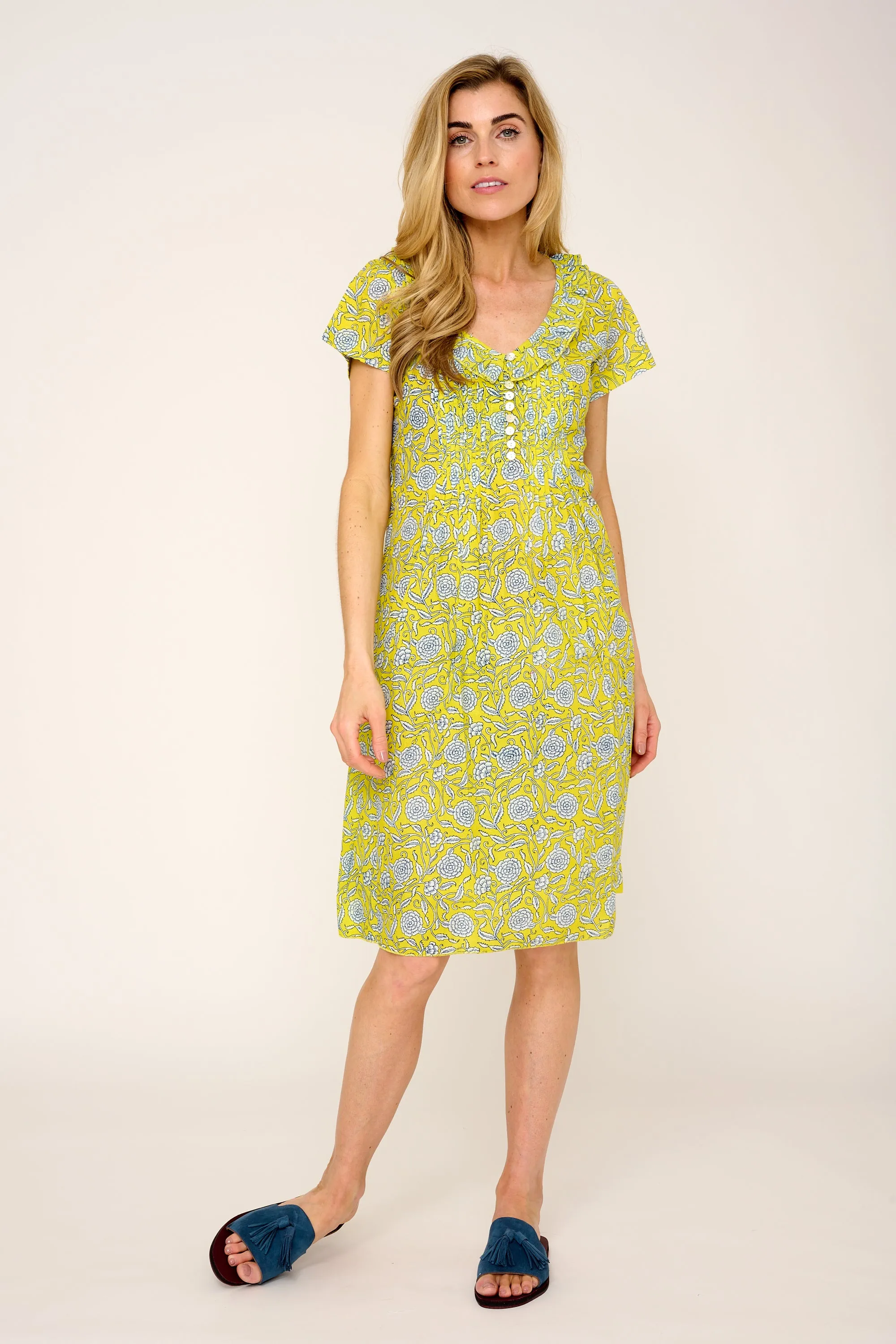 Cotton Karen Short Sleeve Day Dress in Canary Yellow with White & Navy Flower