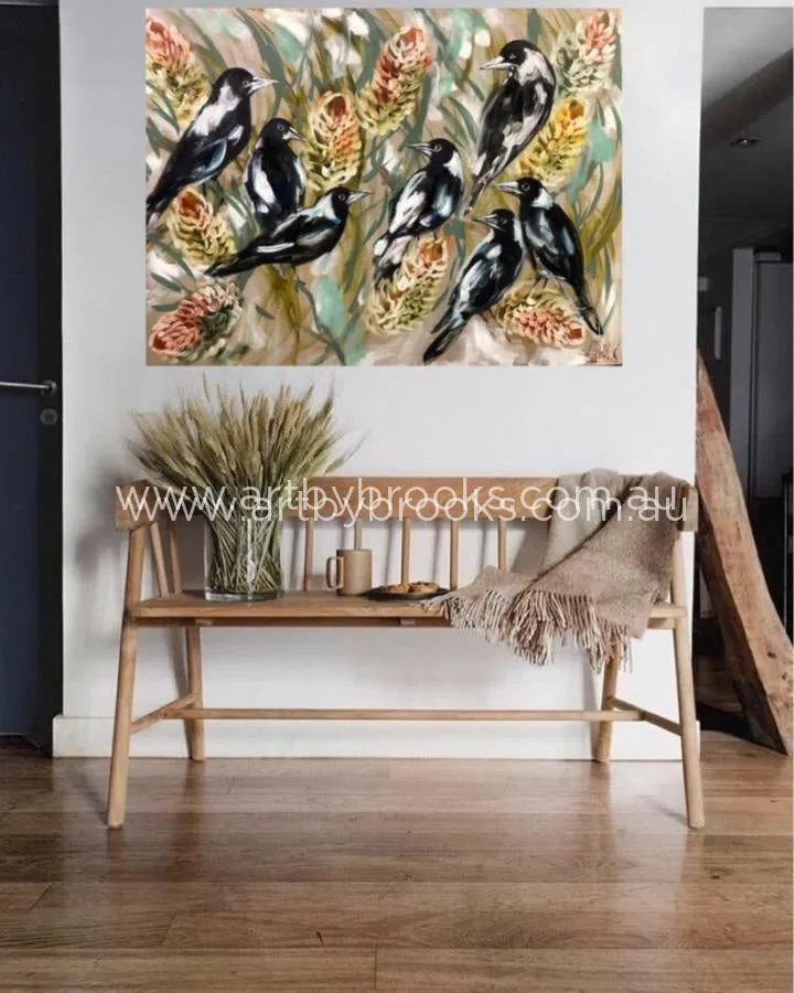 Daily Magpies and golden banksia -Original on Belgian linen  90x120 Cm