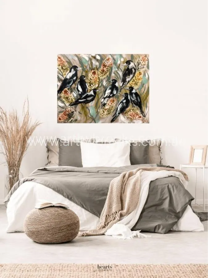 Daily Magpies and golden banksia -Original on Belgian linen  90x120 Cm